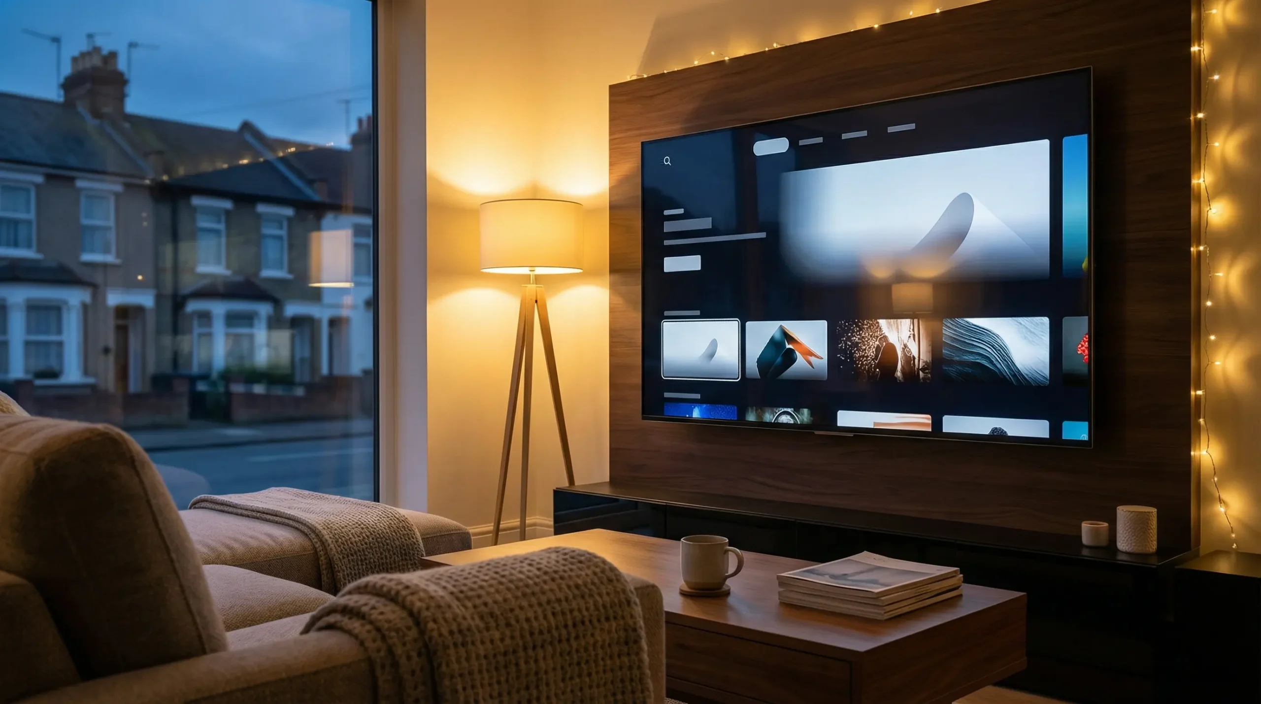 Modern living room with smart TV illustrating best IPTV UK access and stable streaming solutions.