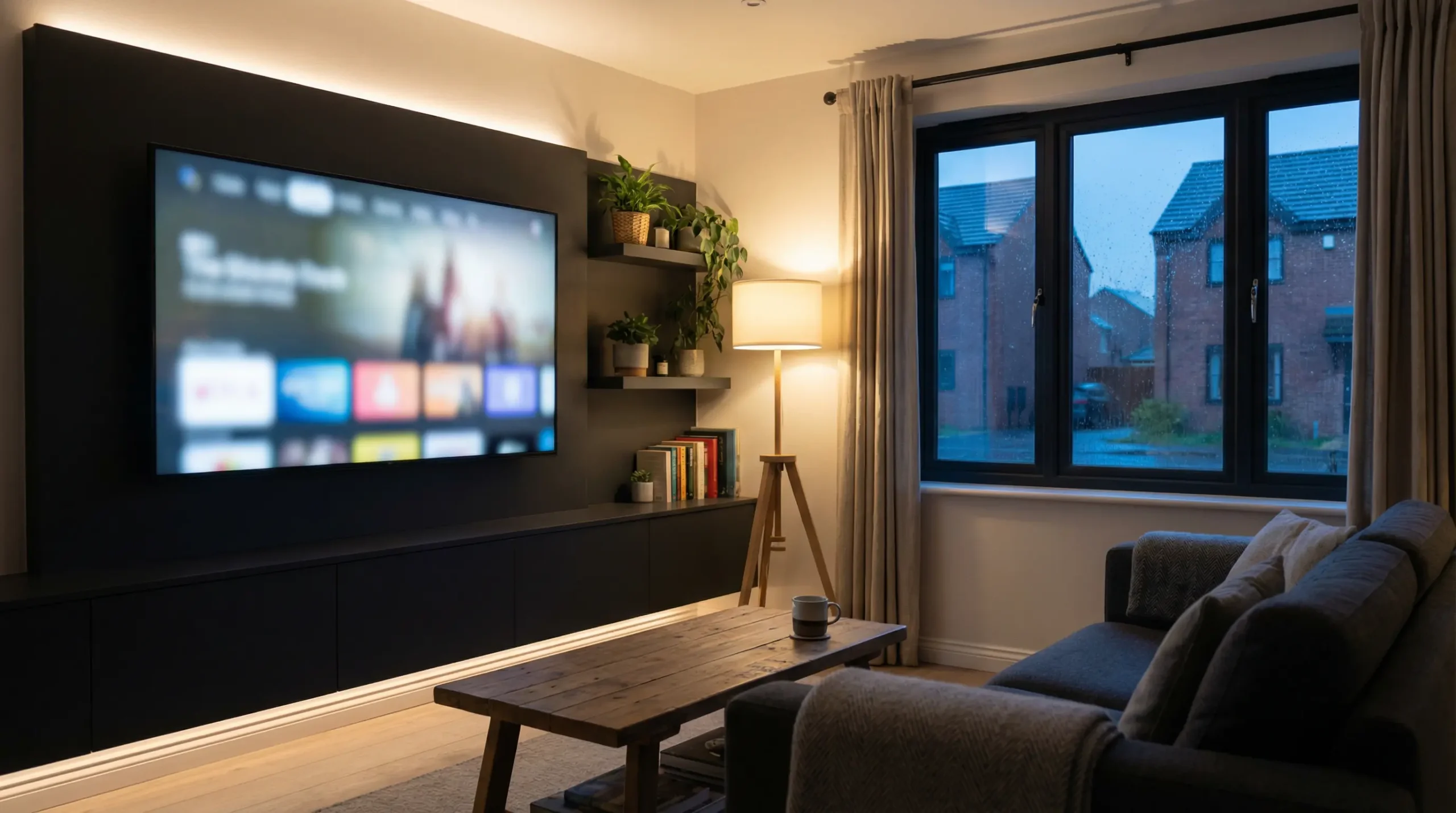 Realistic living room scene showing IPTV access on a smart TV, representing reliable IPTV suppliers UK and streaming access solutions.
