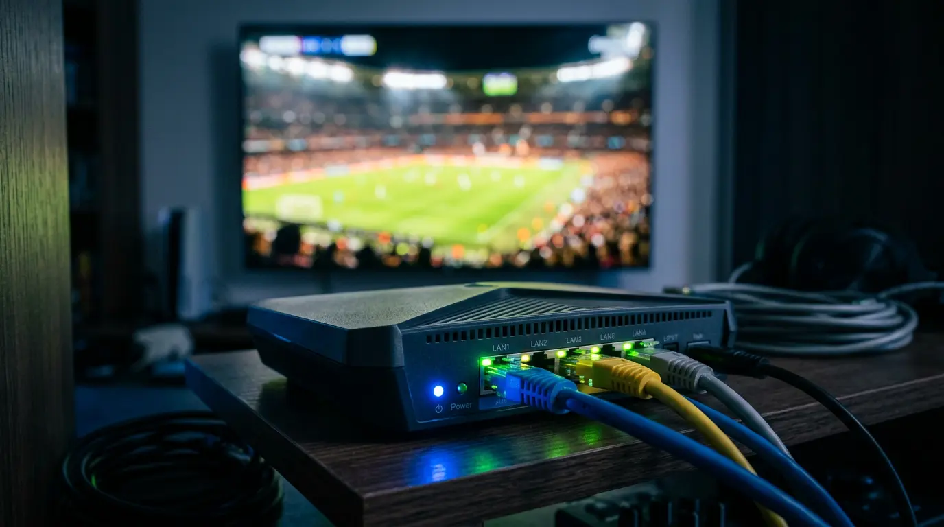 IPTV access UK for World Cup 2026 – ethernet cables connected to router for stable streaming of all 104 matches