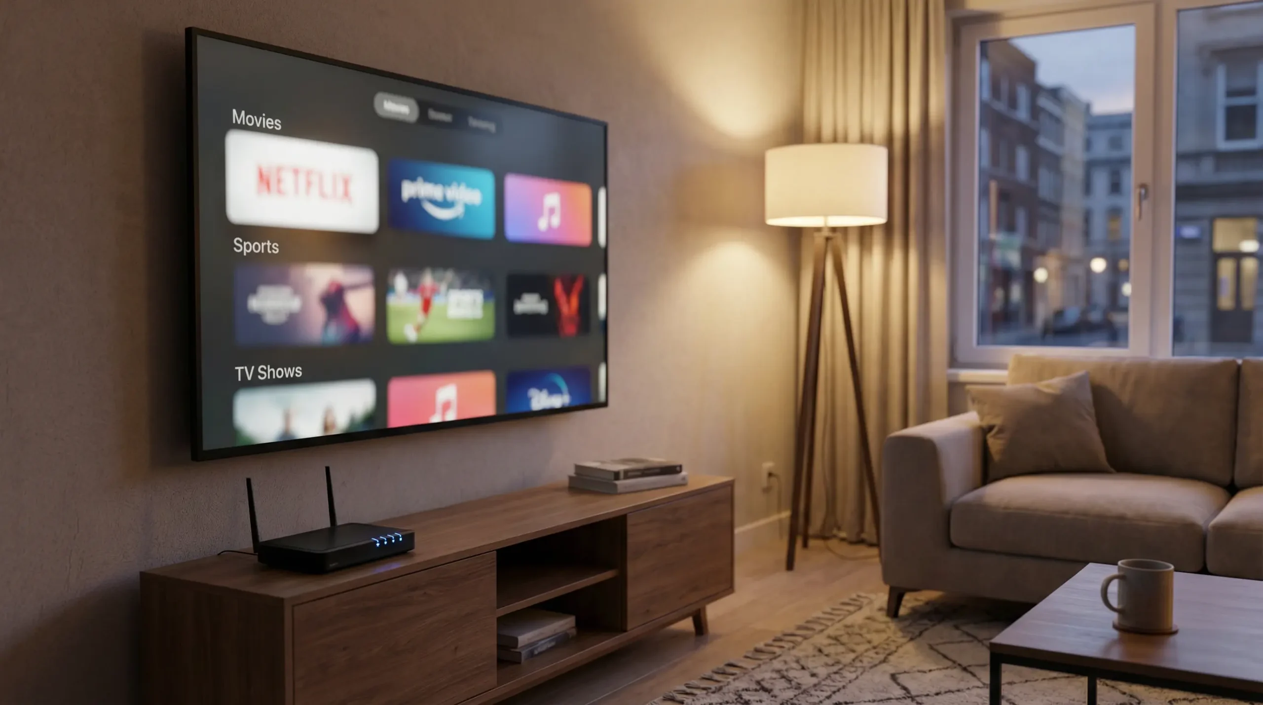 Modern smart TV streaming IPTV service in a UK home environment.
