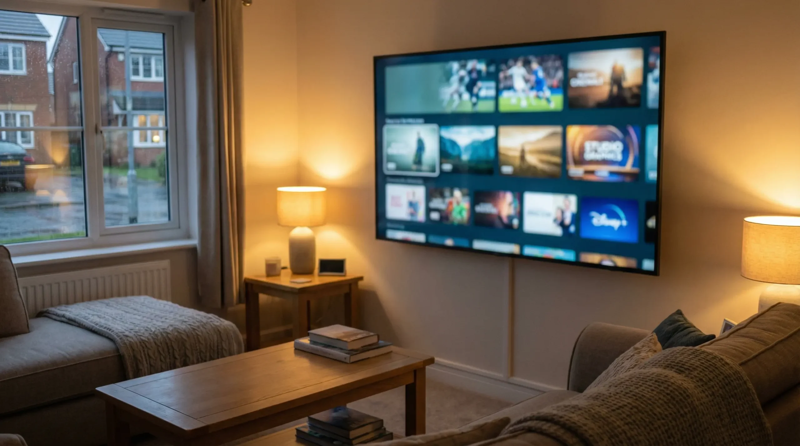 Smart TV displaying IPTV UK channels with diverse entertainment and sports content.