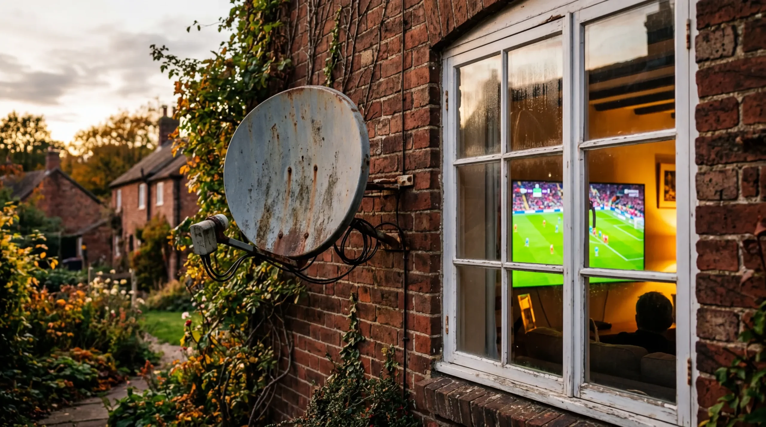 IPTV vs Satellite TV UK – weathered satellite dish on UK brick house with smart TV showing football through window behind it