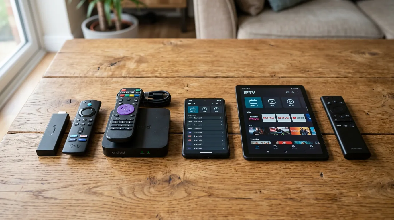IPTV devices UK – Firestick, Android box, phone, tablet, and smart TV remote
