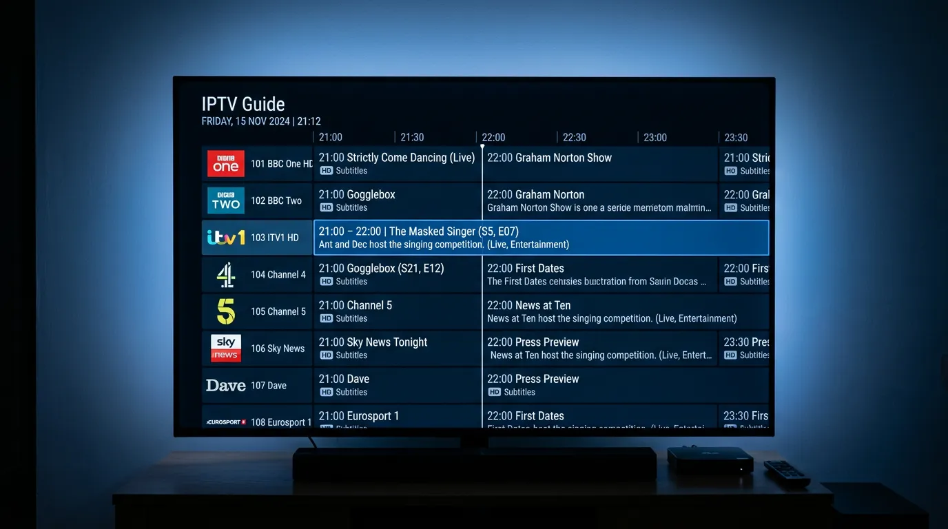 IPTV EPG UK showing electronic programme guide grid on TV screen